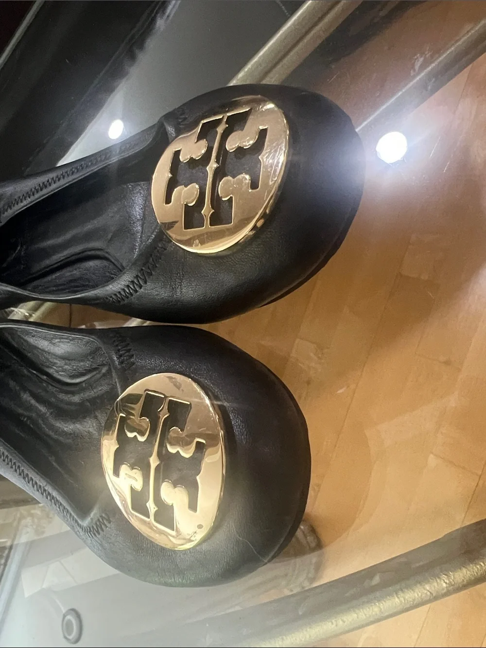 Tory Burch Black Leather Logo Ballet Flats with Gold Emblem